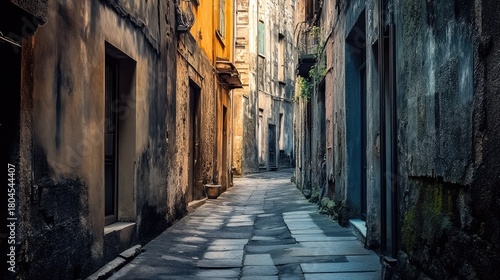 Narrow cobblestone alleyway in an ancient town with weathered buildings, soft light, and vibrant orange accents in the architecture and surroundings