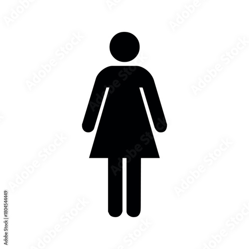 A simple black and white sign depicting a woman figure standing straight on a white background plain sign