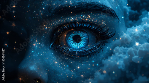 close-up of a glowing eye sucking in galaxies, stars spiraling inward, face dissolving into cosmic mist, abstract horror and dream interpretation