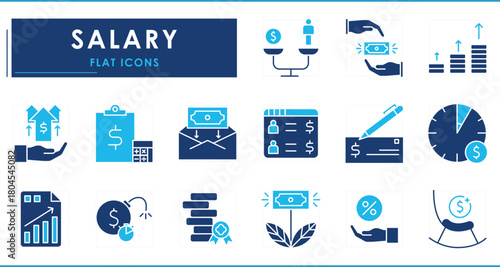 A set of flat icons related to Salary. Balance, money, bonus, monthly, hourly, deadline, retirement, cheque, net salary, bonus, and so on.