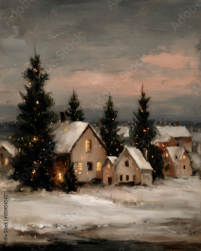 A charming winter village scene with snow-covered rooftops and twinkling Christmas trees, illuminated by warm lights