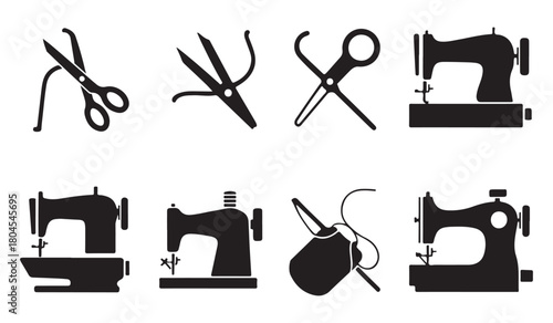  Collection of vintage sewing machine and scissor silhouettes for crafting and tailoring design elements
