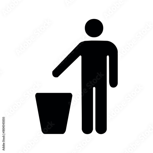 Black and white graphic of a person throwing trash into a bin for proper waste disposal and recycling