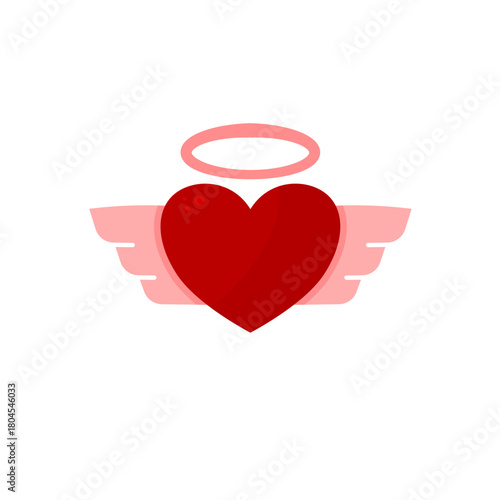 Winged red heart with halo, symbol of angel love, purity vector icon