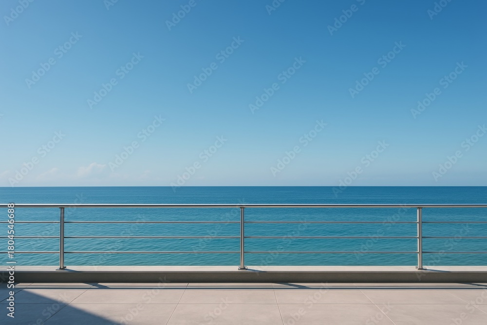 Obraz premium Minimalist exterior balcony design with ocean view and stainless steel railing under clear blue sky, modern architectural concept perspective view. Ai generative