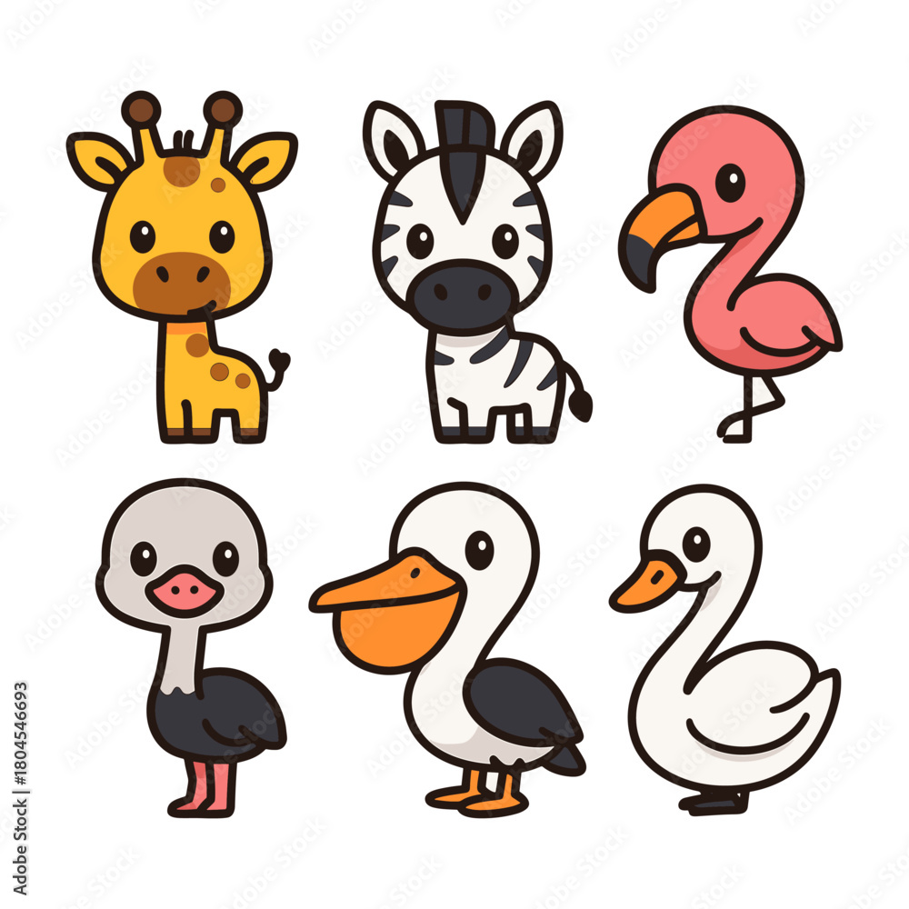 Fototapeta premium Cute Safari Birds and Animals Vector Set
