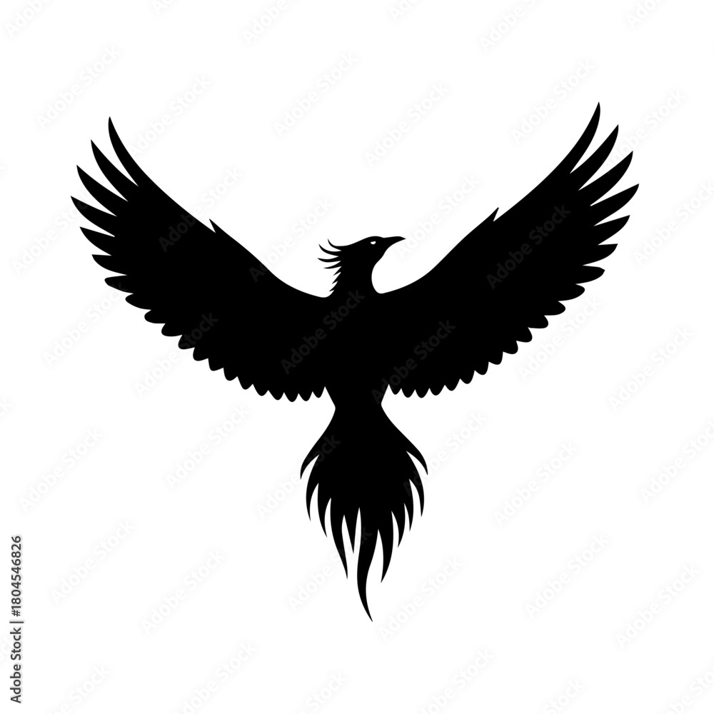 Fototapeta premium A striking black silhouette of a phoenix with its wings spread wide against a white background.