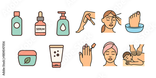 Beauty and Spa Procedure Icons – Serum, Lotion, Waxing, Eyebrow Care, Pedicure and Massage