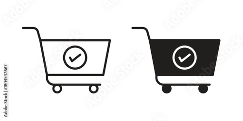 Shopping cart check icon symbol. Illustration for web and mobile app. Line and solid style