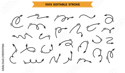 Linear hand drawn curly doodle arrows set in playful style. Editable stroke