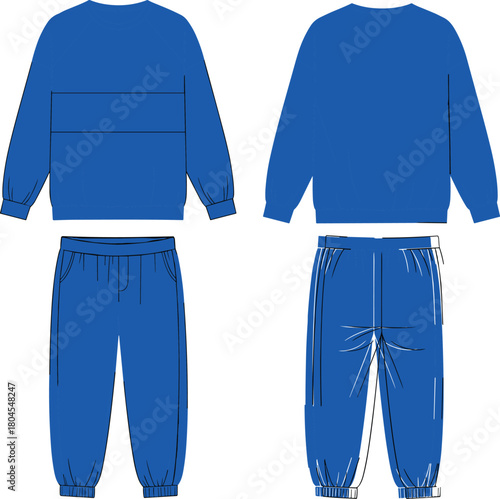 Blue sweatshirt and jogger pants technical fashion template, detailed front and back apparel mockup design, comfortable loungewear outfit sketch, cad drawing flat vector illustration