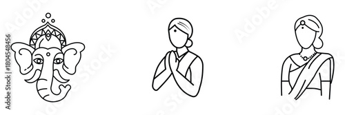 Indian culture, Ganesha, traditional woman, greeting namaste vector icon set for commercial use.