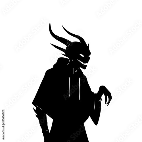 Mysterious dark silhouette of a horned creature with glowing eyes and a menacing smile, wearing a hooded cloak.