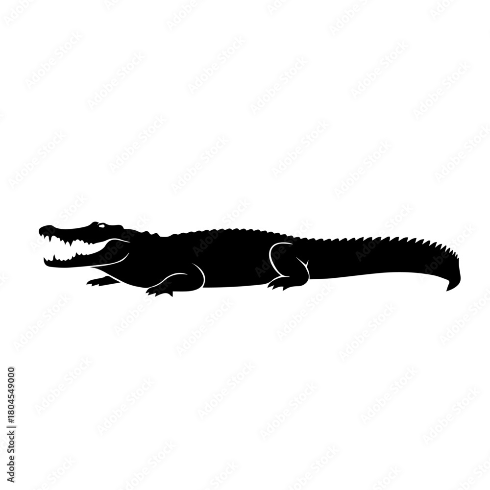 Fototapeta premium Silhouette of a large crocodile with an open mouth, showing teeth, and a long tail.