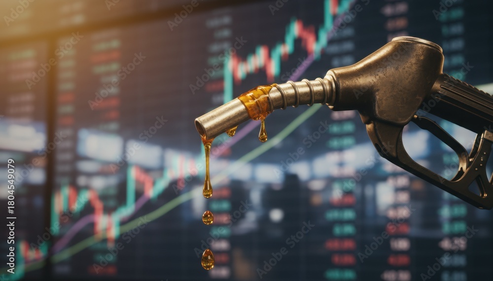 Fototapeta premium A fuel nozzle dripping oil before a backdrop of rising market charts symbolizes volatility and global energy trends. It illustrates economic shifts tied to fuel demand and pricing