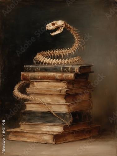 A snake skeleton coiled on a stack of old books, captured in a vintage oil painting style. The skull is clearly visible at the top of the spine, creating an intriguing contrast between the natural and
