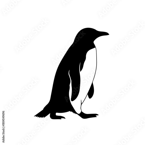 A black and white silhouette of a penguin standing upright, facing right, on a plain white background, showcasing its distinctive profile.