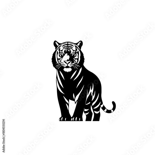 A striking black and white graphic illustration of a tiger standing and looking directly forward with detailed stripes.