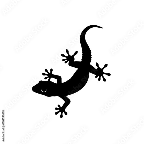 Black silhouette of a gecko lizard with distinct toes and tail on a white background.