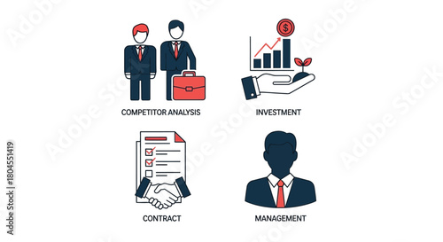Vector illustration of business icons competitor analysis, investment, contract, management