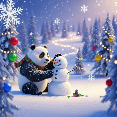 Wallpaper Mural Cute Panda with Snowman Surrounded by Colorful Holiday Background Torontodigital.ca