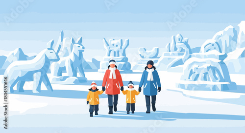 This flat design illustration depicts a happy family exploring the Harbin Ice and Snow Sculpture Festival during the day, surrounded by playful and abstract ice creations. 