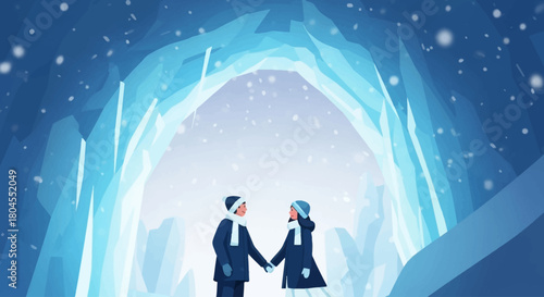 This flat design illustration portrays a romantic couple enjoying a gentle walk under an ethereal, glowing ice archway at the Harbin International Ice and Snow Sculpture Festival. 
