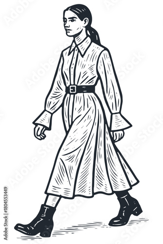 A stylish woman walks confidently in a long shirt dress, belt, and ankle boots. Hand-drawn vector illustration in a vintage, retro engraving or woodcut style.