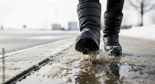 Person walking through slush in winter with black boots  