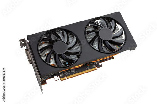 Dual-Fan Black Graphics Card For PC Gaming And Rendering Upgrades isolated on a white background