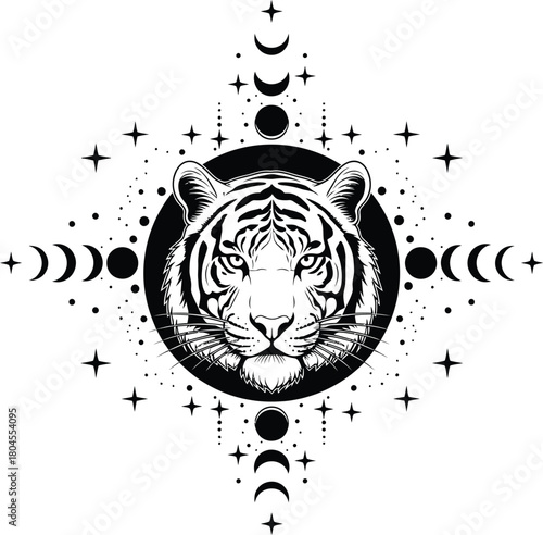 Tiger head with moon phases astrology spiritual animal vector design eps silhouette