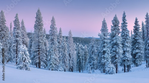 Blue Hour Pines: Snowy Forest Landscape in Quiet Winter Evening