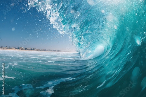 Blue ocean wave curling into a hollow tube under sunlight with turquoise water