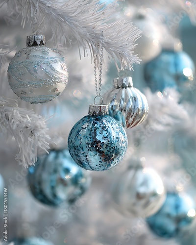 Elegant white ornaments decorating a christmas tree with blue bokeh background