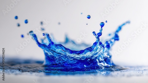 Blue water splash captured in mid-air on a white backdrop, crisp droplets and dynamic motion