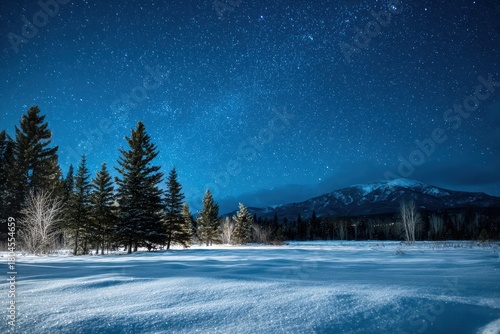 Blue-indigo night sky full of stars over a pristine winter landscape