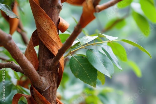 Botanical photograph of a cinnamon tree in a serene outdoor setting