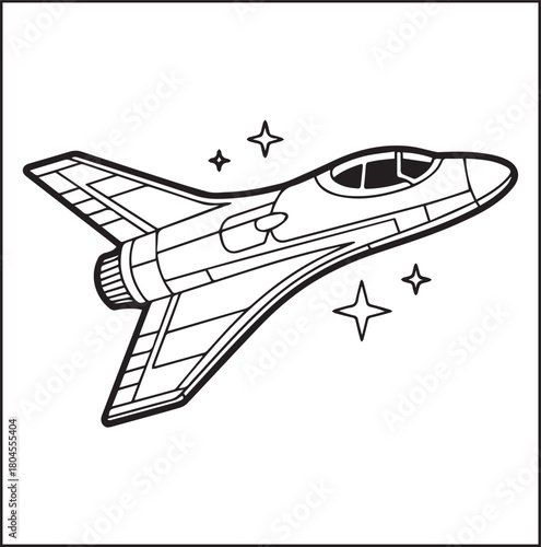 Space coloring page for kids, spaceplane black line art vector outline illustration for children activity book design