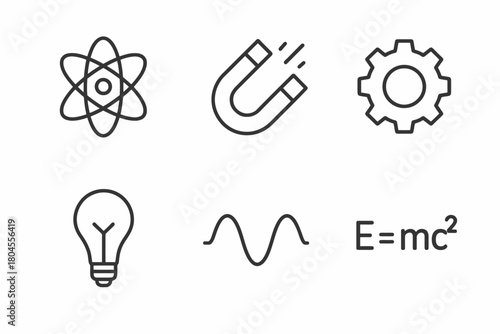 Scientific symbols: atom, magnet, gear, lightbulb, wave, equation icons