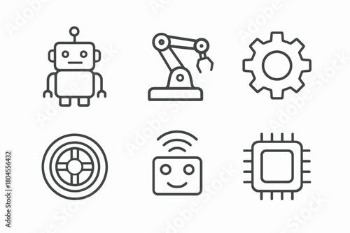 Robotics and ai icons set featuring robot, robotic arm, and microchip illustrations