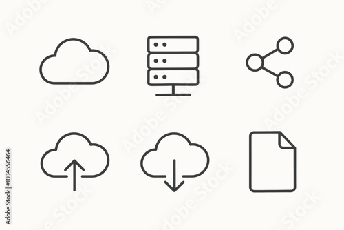 Cloud computing and data storage icons: upload, download, share, server, backup