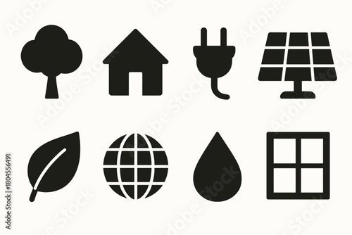 Eco-friendly icons: tree, house, plug, solar panel, leaf, globe, water drop, window