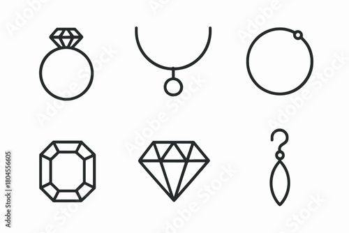Minimalist jewelry icons: ring, necklace, bracelet, gemstone, diamond, earring