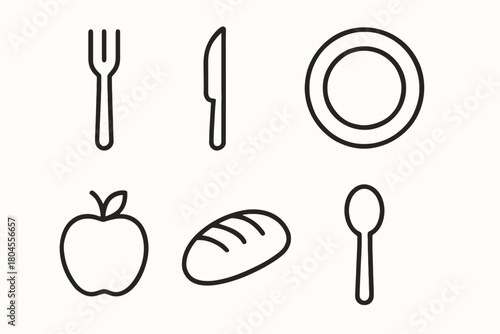 Minimalistic line art of utensils and food: fork, knife, plate, apple, bread, spoon