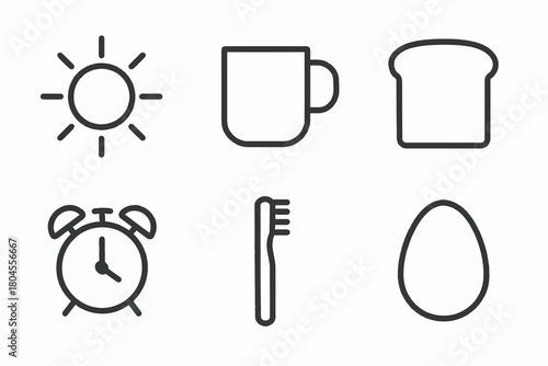Morning routine icons: sun, mug, toast, alarm clock, toothbrush, egg