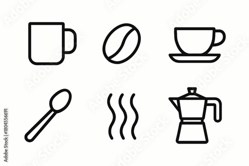Coffee icon set: mug, bean, cup, spoon, steam, kettle outline collection
