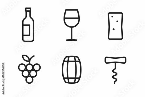 Wine icons: bottle glass cheese grapes barrel corkscrew in minimalist design