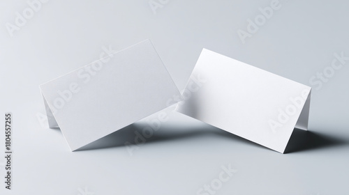 Two white folded cards standing on a white surface in a minimalist setting scene