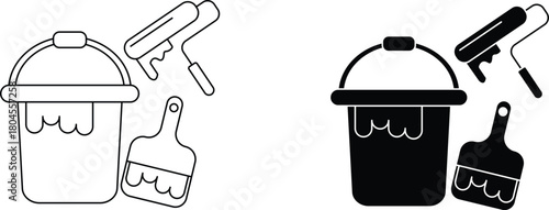 paint bucket and paint brush and roller  icon vector graphic illustration  with white background flat hand made icon fill icon .