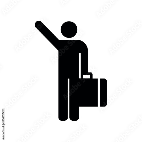 A black silhouette of a person raising their arm while holding a briefcase on a white background